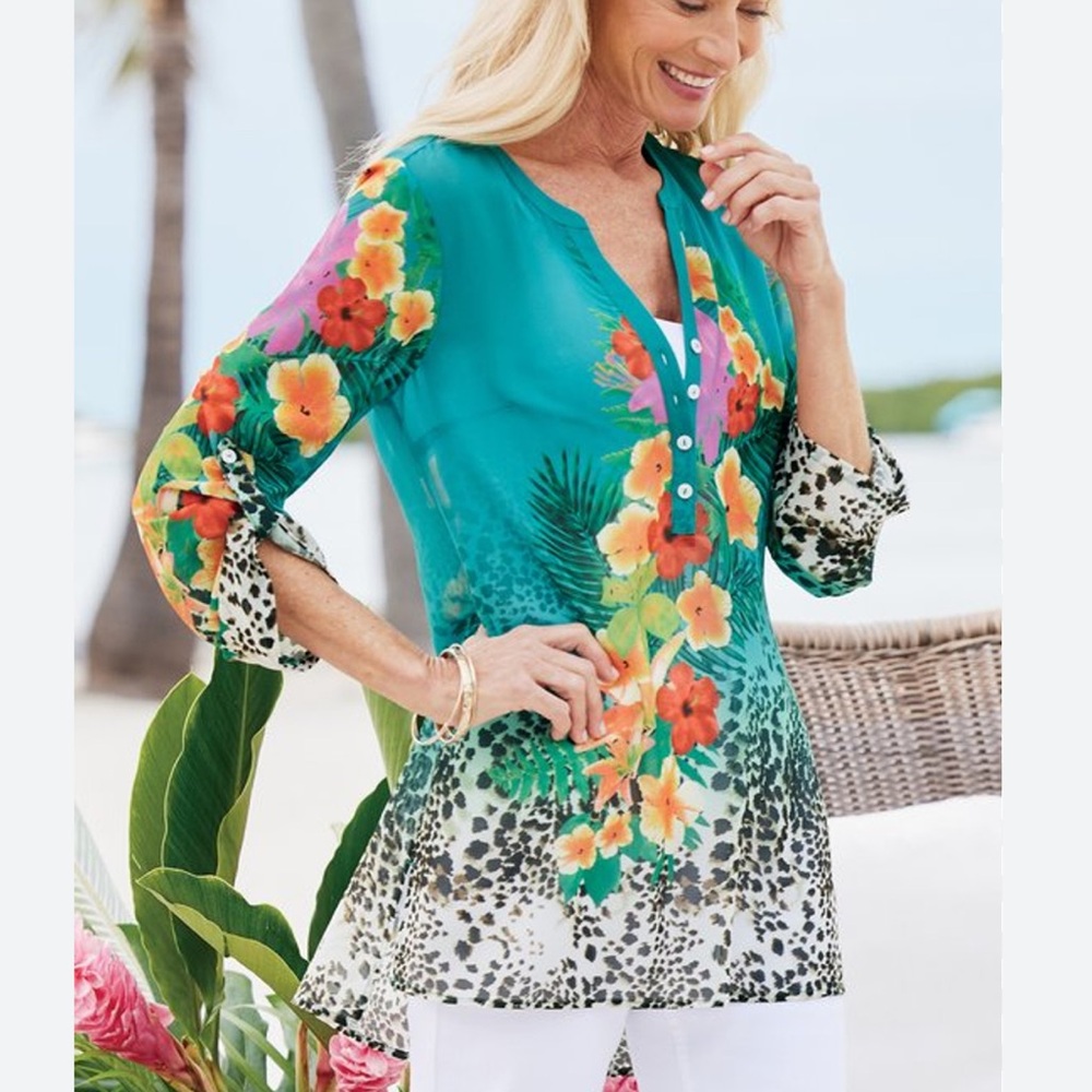 Soft Surroundings Teal Floral Leopard Tunic